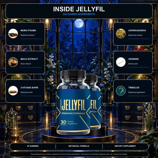 Inside Jellyfil brand graphic: muira puama, maca, catuaba, ashwagandha, arginine and tribulus around two bottles