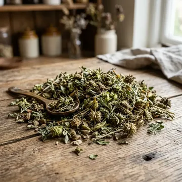A pile of dried green herb leaves on a wooden table