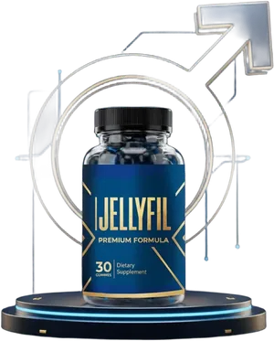 One Jellyfil bottle of 30 gummies on a dark pedestal