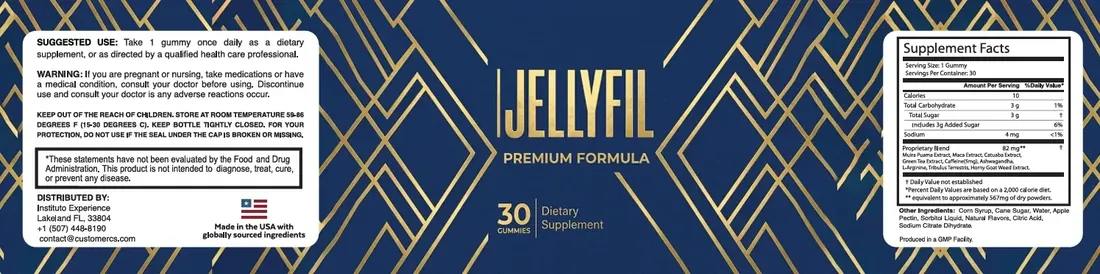 Full Jellyfil label: suggested use, warning, storage, distributor, and Supplement Facts with 3 g added sugar and an 82 mg proprietary blend including caffeine 5 mg